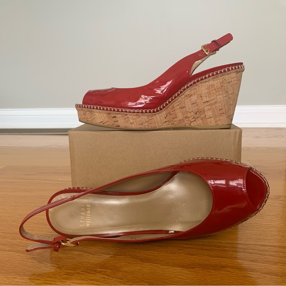 Stewart Weitzman Red Patent Leather Slingback Peep-toe Wedges.  Women’s Size 10M